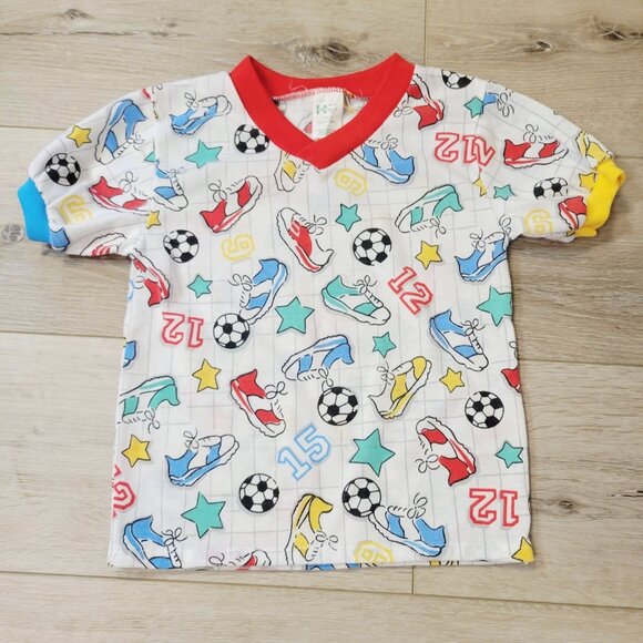 Vtg I C Usa Made Toddler sz 5 V Neck Short Sleeve Soccer Balls Shoes Print Shirt - Picture 1 of 3